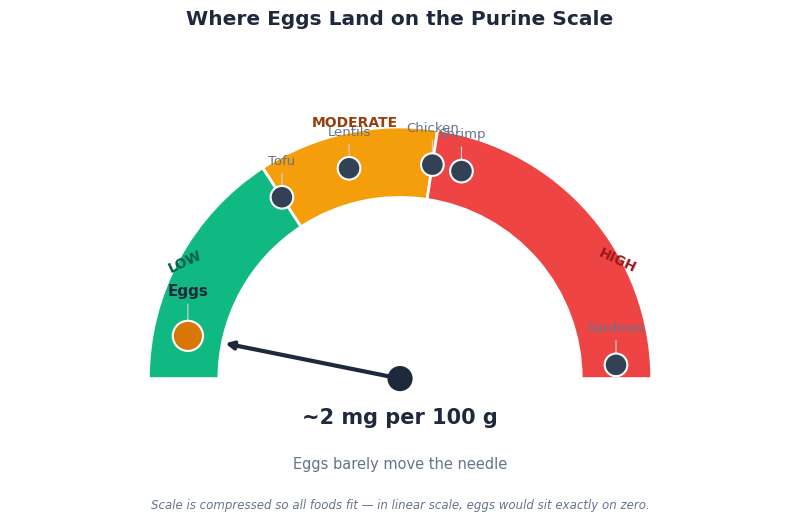 Gauge dial showing purine levels of common foods: eggs sit at nearly zero at about 2 mg per 100 g, while tofu, lentils, chicken, shrimp and sardines register progressively higher on the low, moderate and high zones