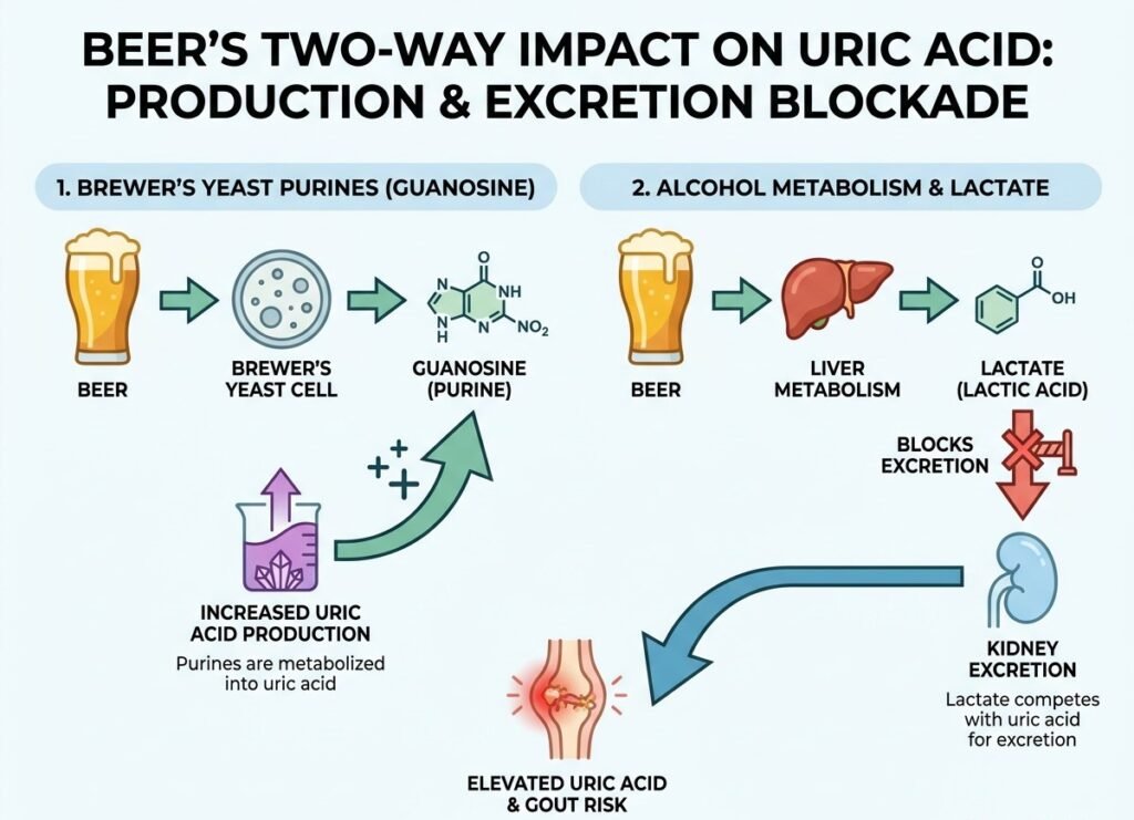 Medical infographic diagram demonstrating how yeast purines and alcohol lactate compete in the kidneys to raise blood uric acid levels.