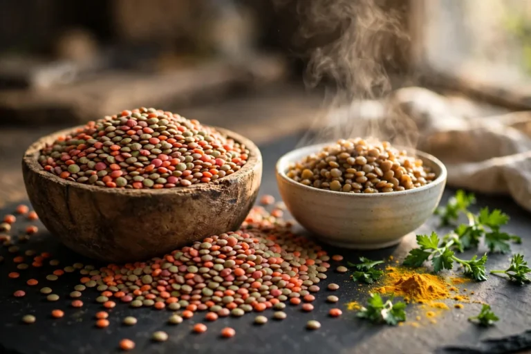 Bowl of dried red and green lentils beside a bowl of cooked lentils on a dark wooden table