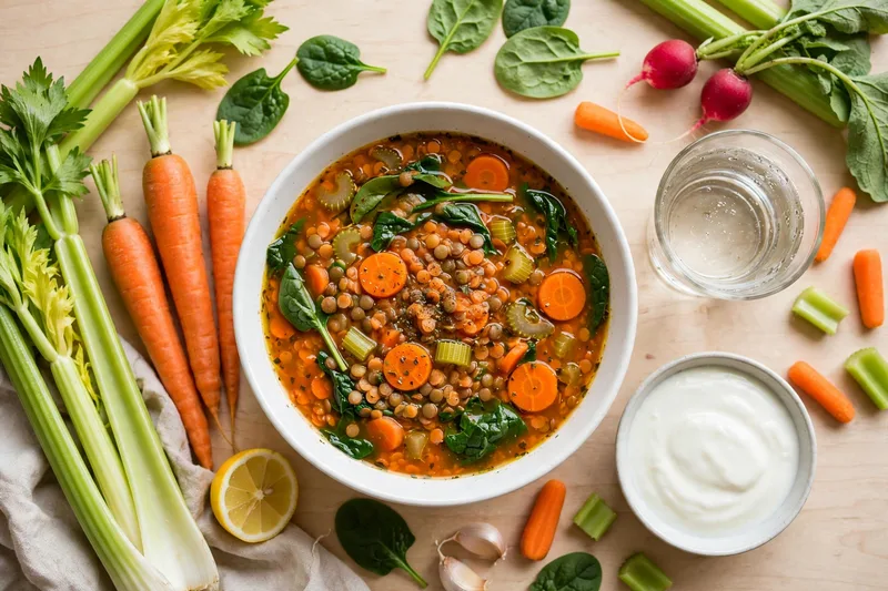 Bowl of red lentil soup with vegetables next to a glass of water and yogurt on a wooden table