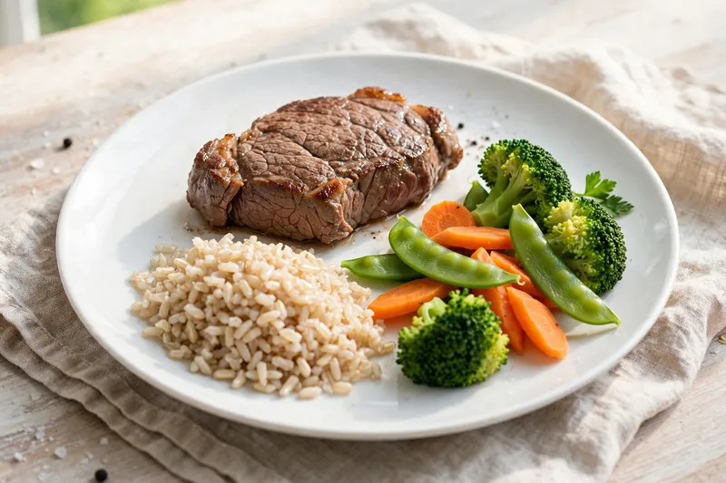 Deck-of-cards sized portion of lean beef with vegetables