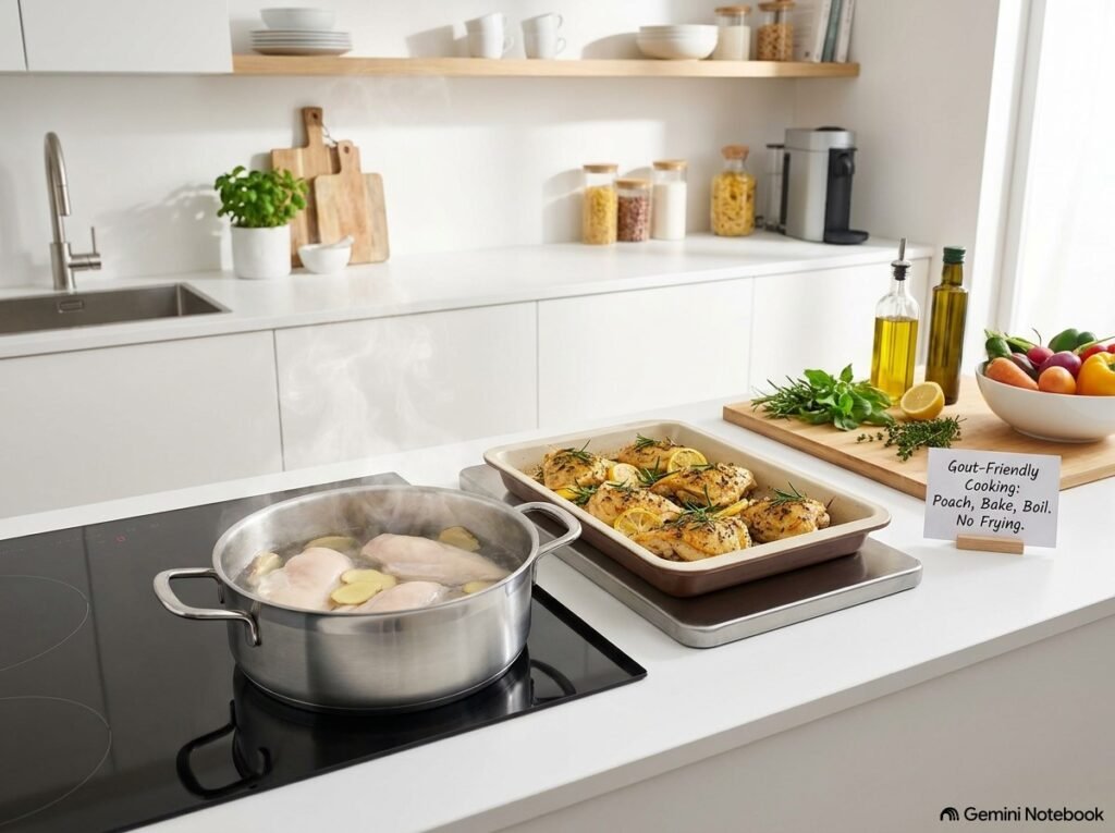 Kitchen scene demonstrating gout-friendly chicken cooking methods including poaching in a pot and baking on a tray, with text advising against frying and chicken stock.