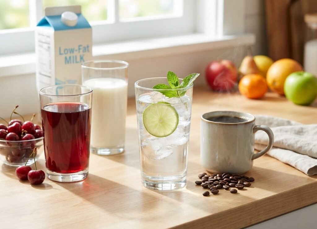 Healthy low-purine drink alternatives for gout including water with lime, tart cherry juice, skim milk, and black coffee on a wooden kitchen counter.