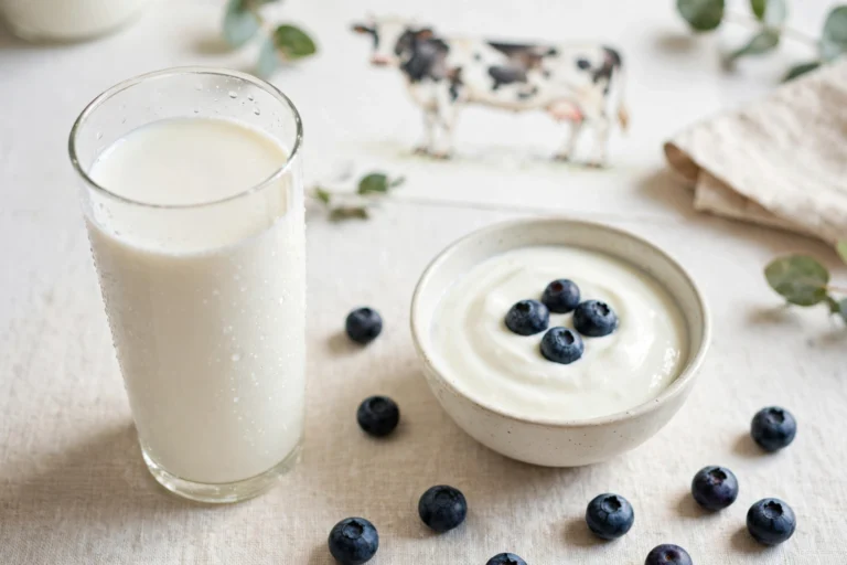 A glass of low-fat milk and a bowl of plain yogurt with blueberries on a bright kitchen table