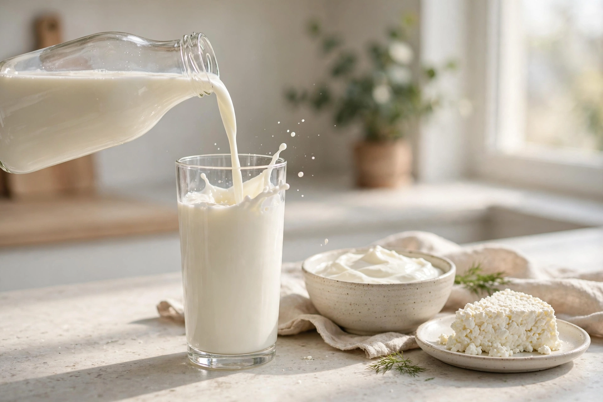 Milk being poured into a glass beside a bowl of plain yogurt and a plate of cottage cheese