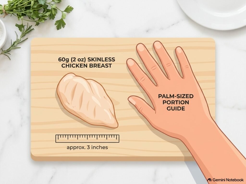 nfographic guide showing a 60 g (2 oz) skinless chicken breast on a cutting board compared to palm size for gout diet portion control.